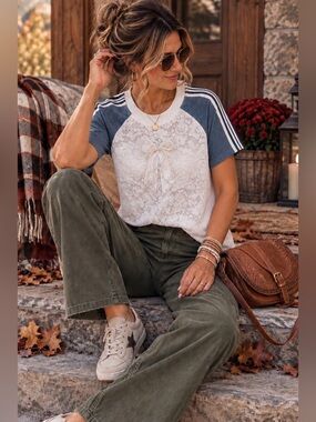 Pastel Lace & Denim Raglan Top with Pearl Bow — Size S — NWT